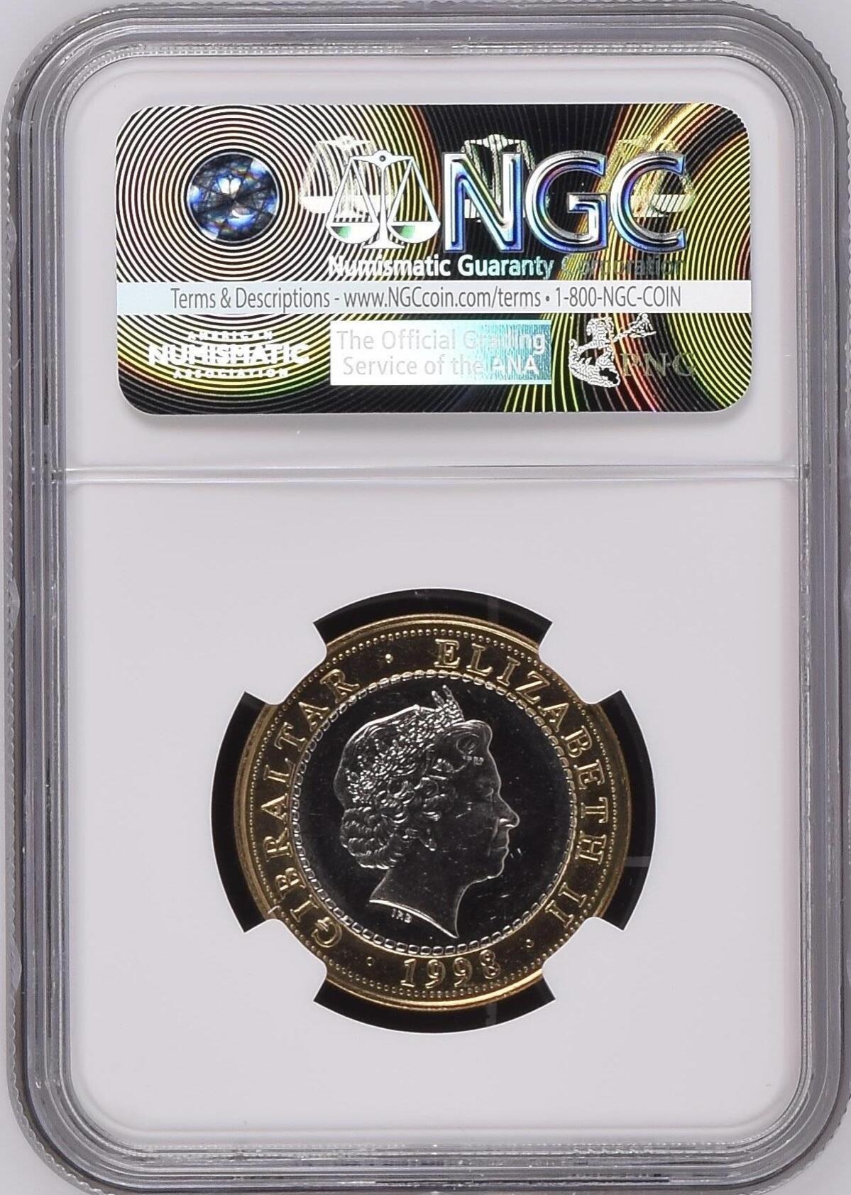 S&S Numismatic世界钱币-拍卖 第114期  直布罗陀1998年 大力神海格力斯十二英雄事迹-杀掉勒尼安的海德拉 2英镑双色纪念币 NGC MS64