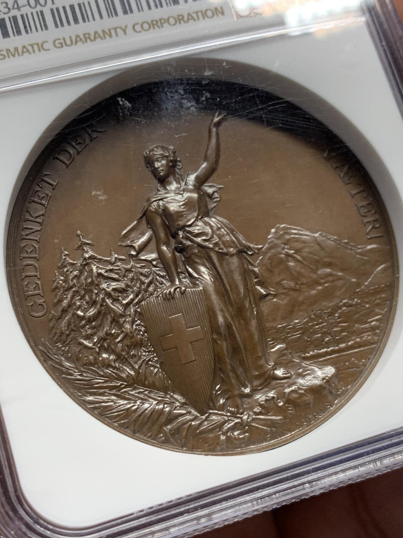 《竞宝斋》第415场 周日，周一，2场连拍 （全场包邮） NGC MS65BN 冠军分 瑞士1892年格拉鲁斯射击节大铜章，加厚盒。原汁原味巧克力包浆。
