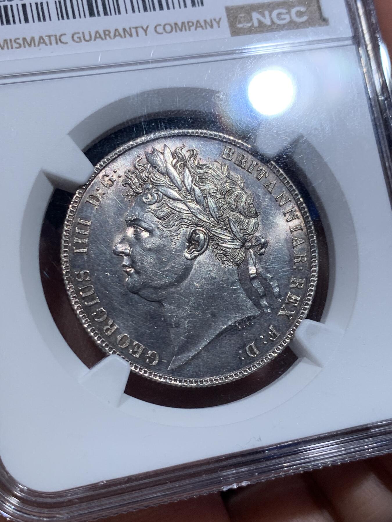 《竞宝斋》第415场 周日，周一，2场连拍 （全场包邮） NGC MS61 英国1821年乔治四世半克朗，三花半克朗