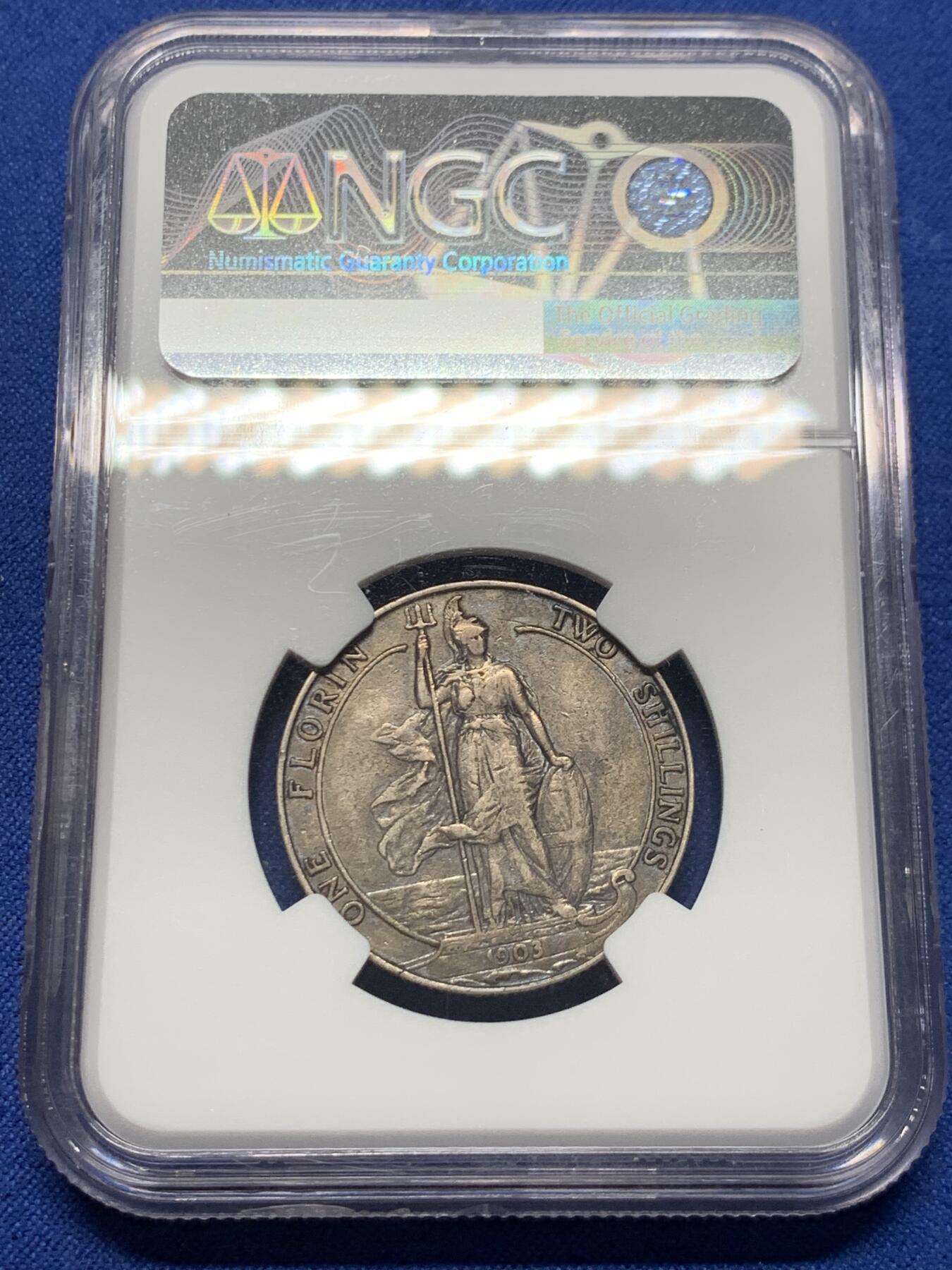 《竞宝斋》第415场 周日，周一，2场连拍 （全场包邮） NGC XF40 英国1903年爱德华七世海神2先令银币