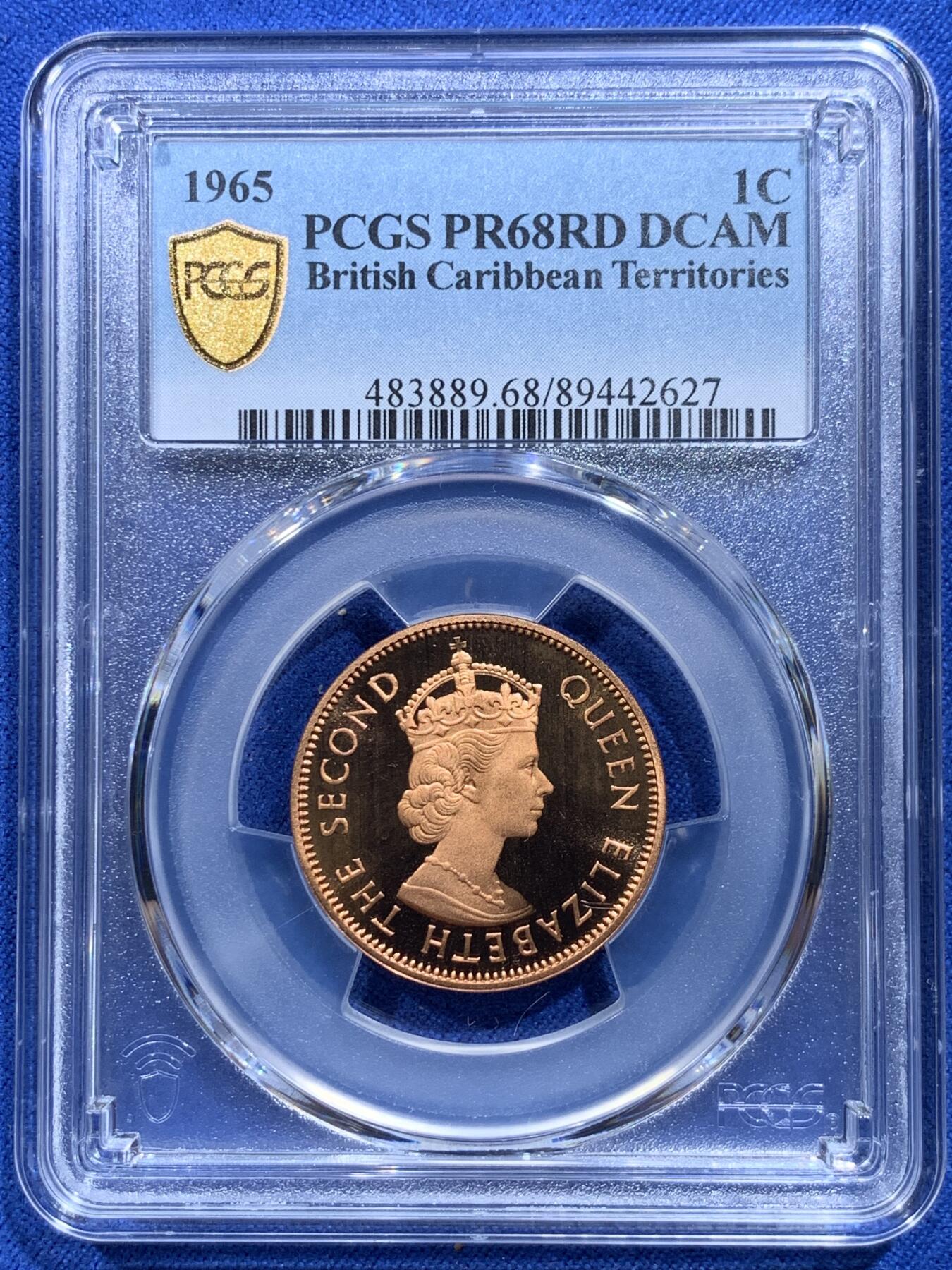 《竞宝斋》第415场 周日，周一，2场连拍 （全场包邮） PCGS PR68RDDCAM 东加勒比1965年1分铜币