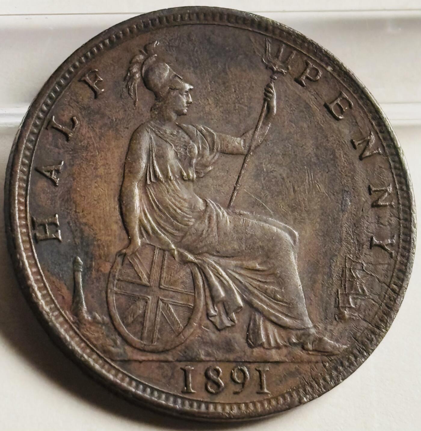 文馨钱币收藏第 269 场，长期接收代拍品 稀少极美品 1891 年英国维多利亚双辫子版半便士古铜币