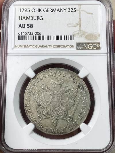 万国钱币拍卖第052期 - NGC AU58 1795年德国汉堡自由市双头鹰32先令银币 相当于2/3泰勒 深打原味青灰包浆