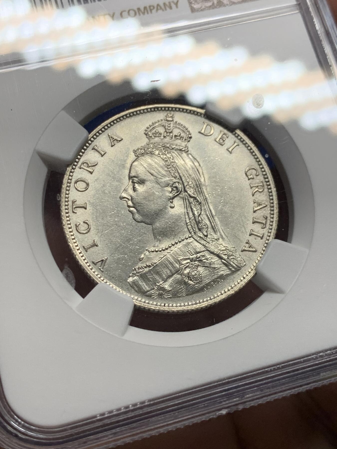 《竞宝斋》第415场 周日，周一，2场连拍 （全场包邮） NGC AU55 英国 1887年 维多利亚女王披纱 2先令 银币