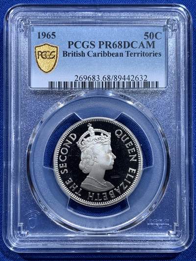 《竞宝斋》第415场 周日，周一，2场连拍 （全场包邮） - PCGS PR68DCAM 东加勒比1965年50分海神精制镍币