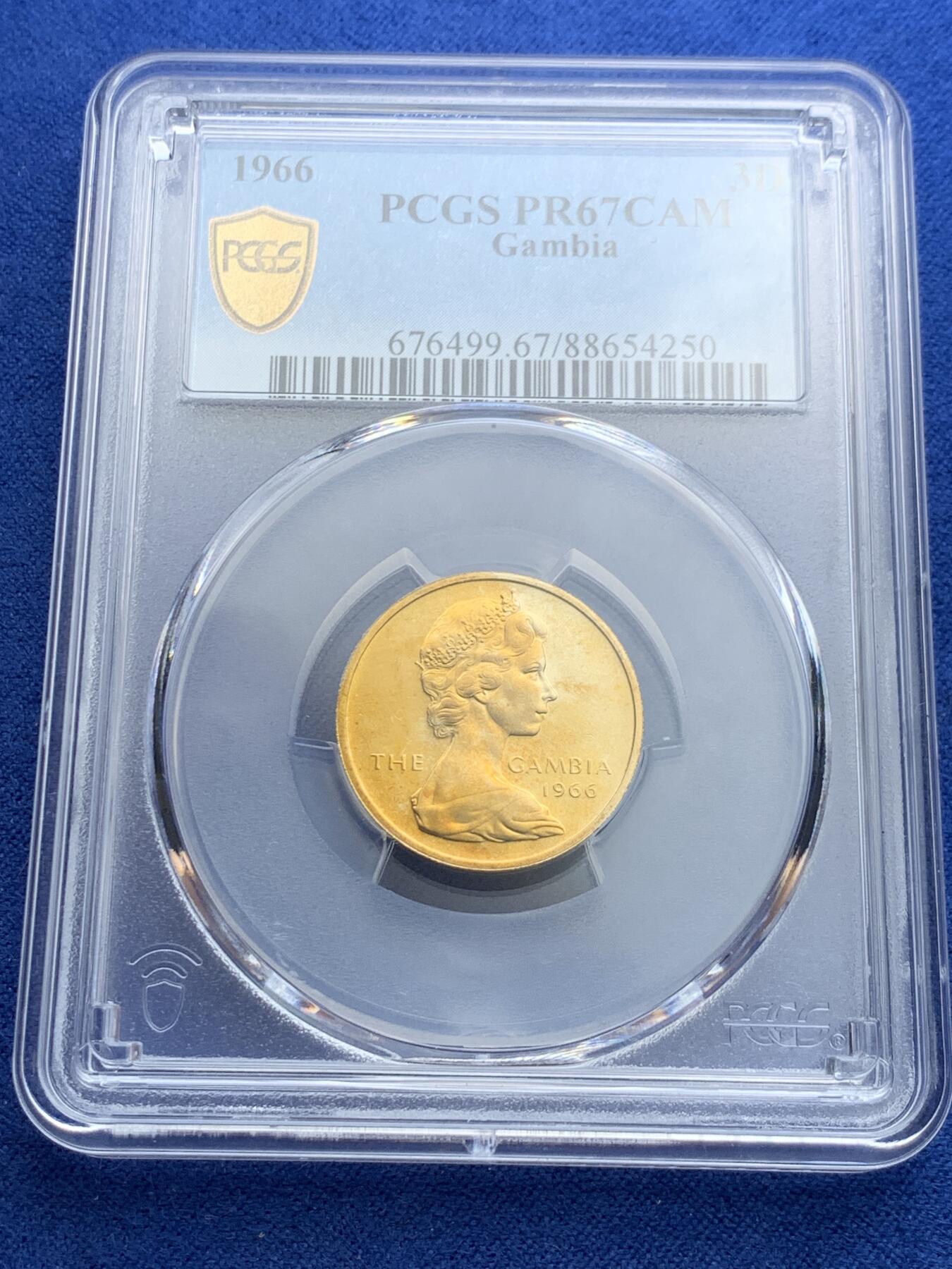 《竞宝斋》第415场 周日，周一，2场连拍 （全场包邮） PCGS PR67CAM 冈比亚1966年3便士非洲渡鸭精制币