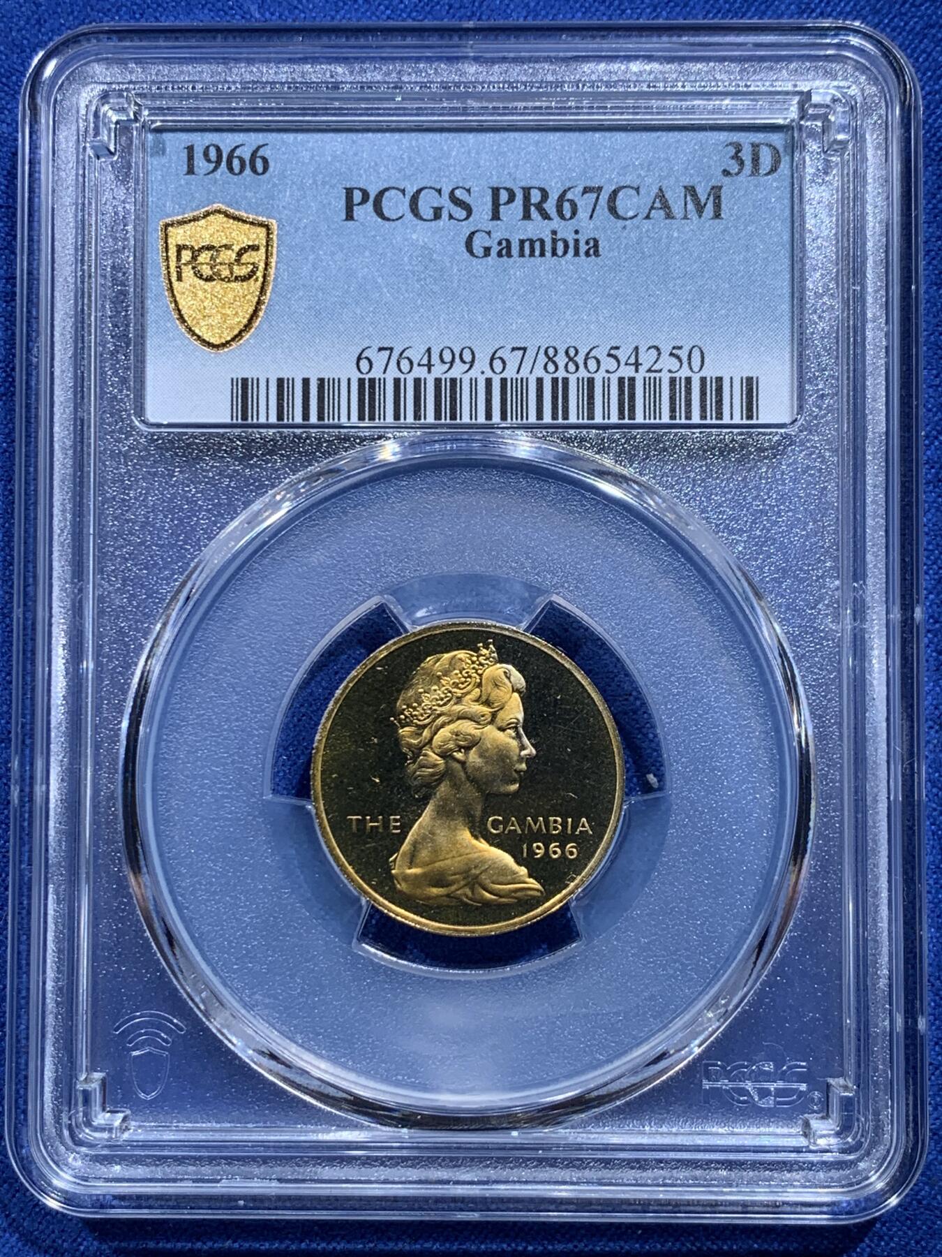 《竞宝斋》第415场 周日，周一，2场连拍 （全场包邮） PCGS PR67CAM 冈比亚1966年3便士非洲渡鸭精制币