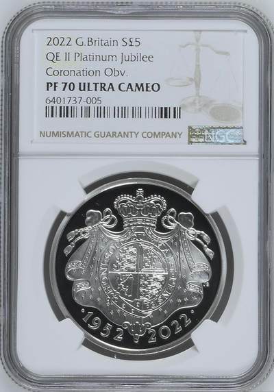 S&S Numismatic世界钱币-拍卖 第114期  - 英国2022年 伊丽莎白二世女王登基70周年 5英镑精制纪念银币 盒证齐全 NGC PF70UC冠军分 