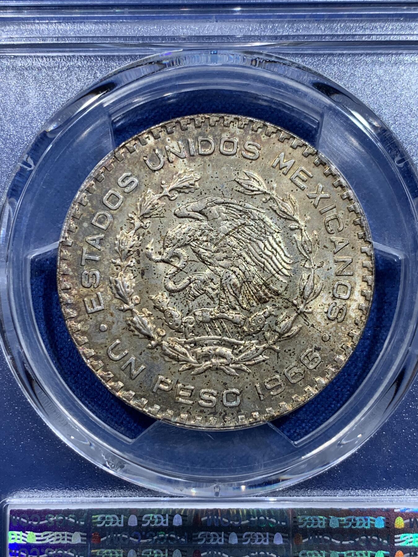 《竞宝斋》第415场 周日，周一，2场连拍 （全场包邮） PCGS UNC 墨西哥1966年1比索银币 带彩！