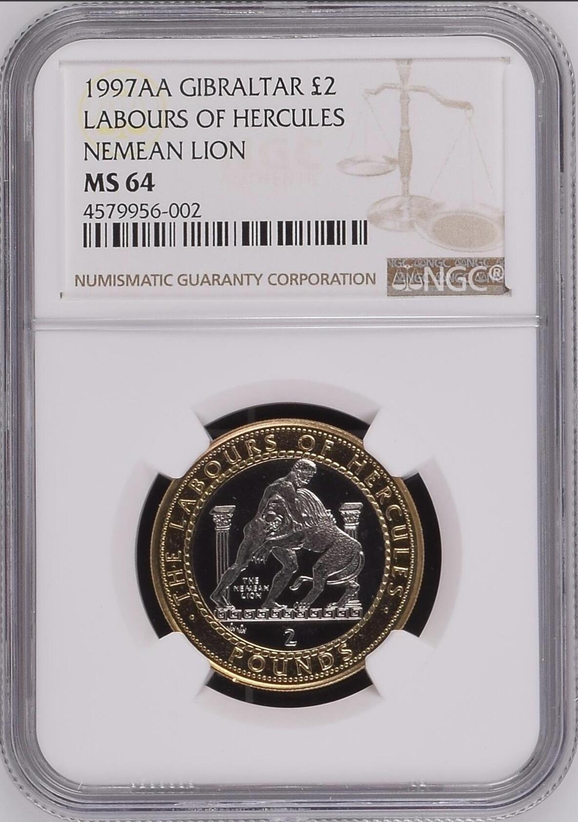S&S Numismatic世界钱币-拍卖 第114期  直布罗陀1997年 大力神海格力斯十二英雄事迹-杀掉涅墨亚狮子 2英镑双色纪念币 NGC MS64