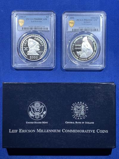 《竞宝斋》第415场 周日，周一，2场连拍 （全场包邮） - 两枚一组 PCGS PR68DCAM 克劳斯获奖币 美国冰岛2000年埃里克森到达美洲纪念银币 原盒难得