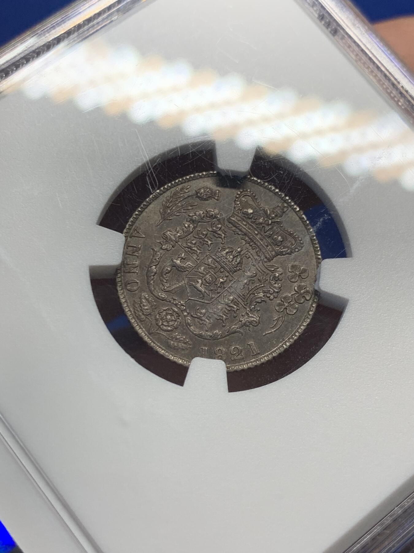 《竞宝斋》第415场 周日，周一，2场连拍 （全场包邮） NGC MS63 1821年英国乔治四世三花6便士 绝美底板 五彩老包浆