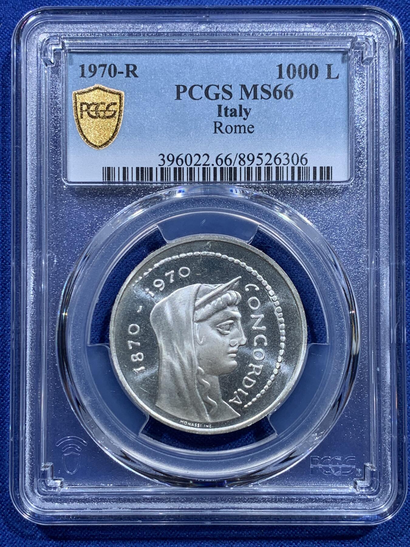 《竞宝斋》第415场 周日，周一，2场连拍 （全场包邮） PCGS MS66 意大利1970年罗马建都百年1000里拉纪念银币，高分！