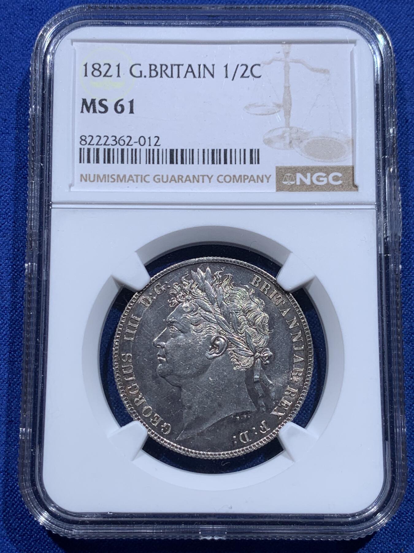 《竞宝斋》第415场 周日，周一，2场连拍 （全场包邮） NGC MS61 英国1821年乔治四世半克朗，三花半克朗