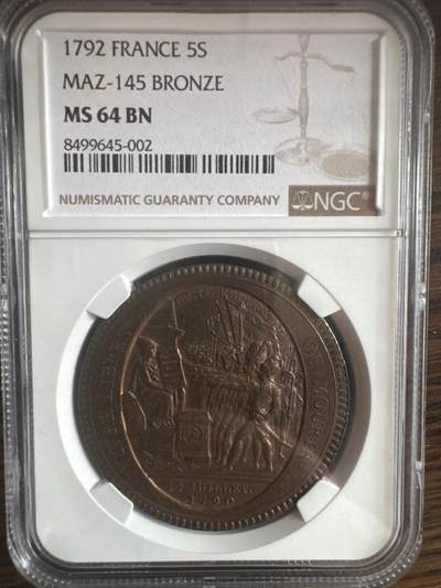 1792年法国莫奈龙铜章 NGC64分 - 1792年法国莫奈龙铜章 NGC64分