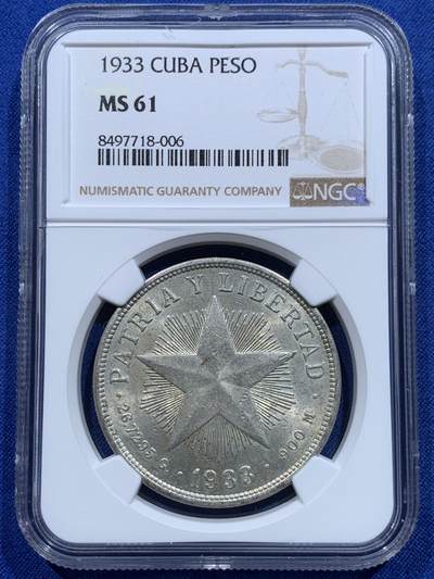 《竞宝斋》第415场 周日，周一，2场连拍 （全场包邮） - NGC MS61 古巴1933年五星1比索大银币