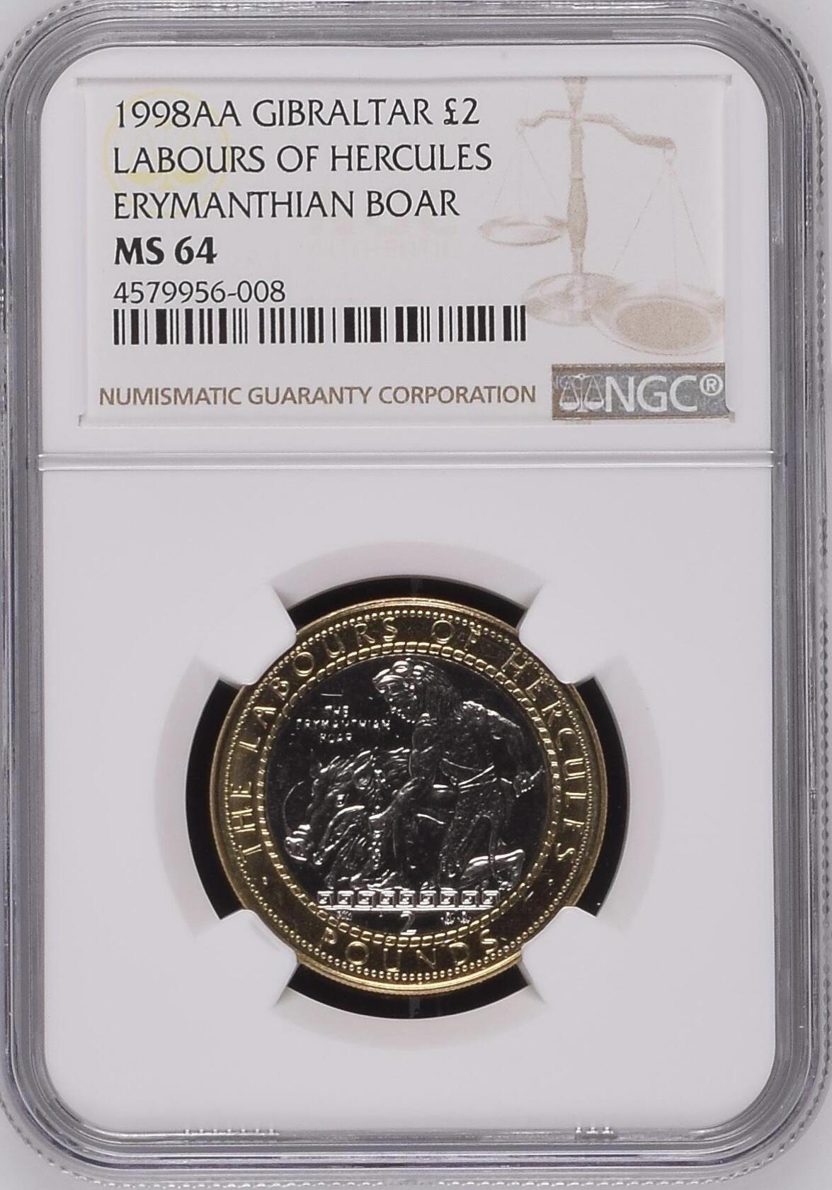 S&S Numismatic世界钱币-拍卖 第114期  直布罗陀1998年 大力神海格力斯十二英雄事迹-活捉厄律曼托斯山上的野猪 2英镑双色纪念币 NGC MS64