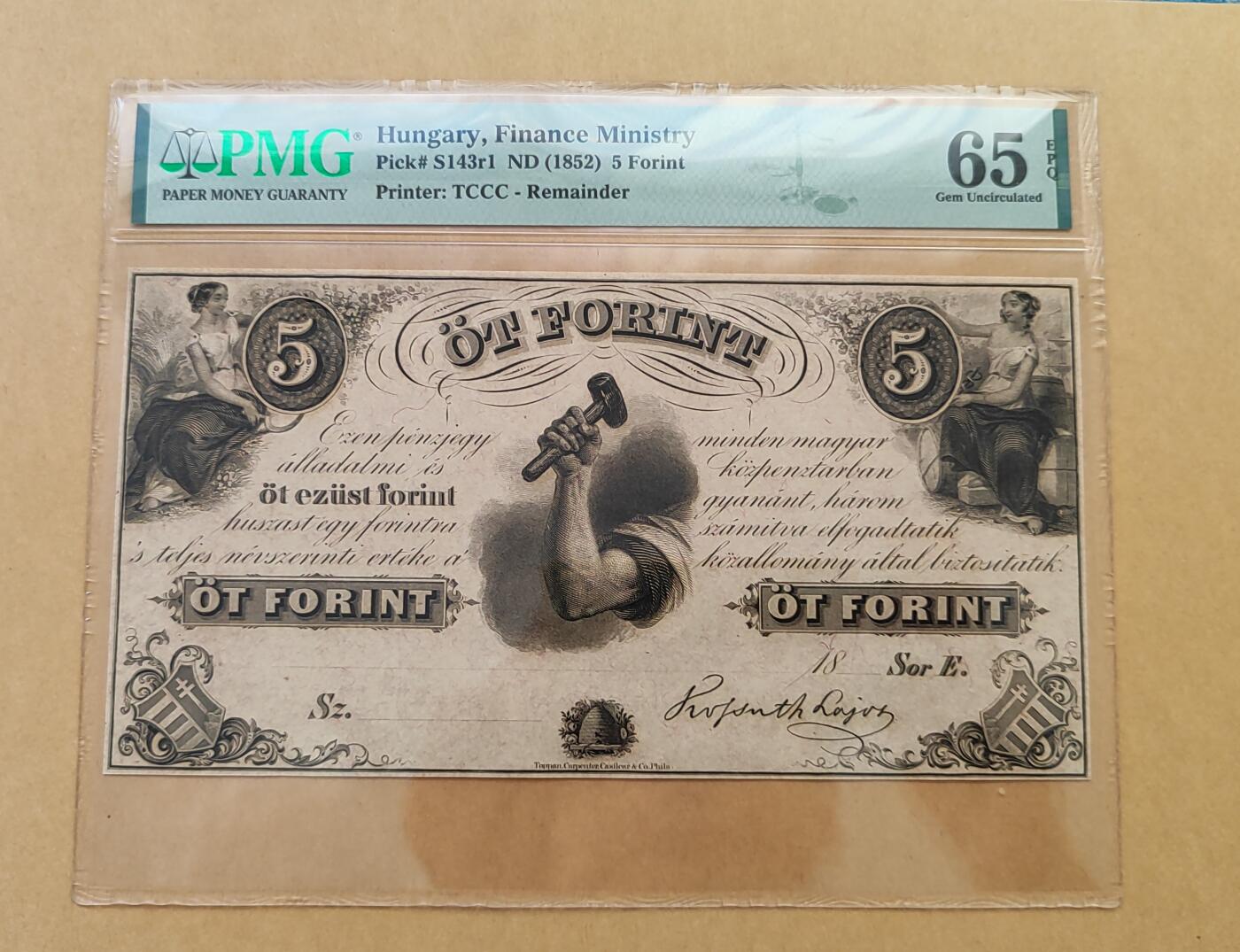 PMG65EPQ 匈牙利 1852年5福林173年老钞