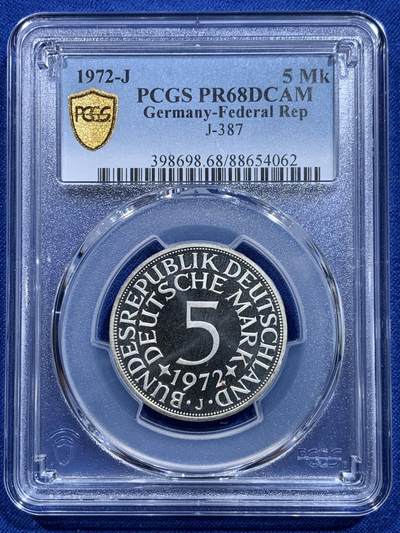 《竞宝斋》第415场 周日，周一，2场连拍 （全场包邮） - 亚军分 PCGS RP68DCAM 德国 1972年F无毛鹰 流通5马克 精制银币 少见品种