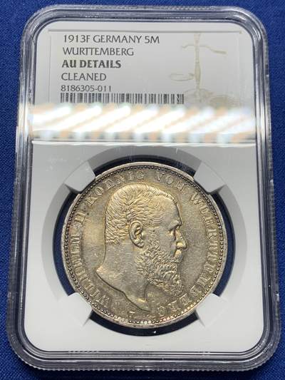 《竞宝斋》第415场 周日，周一，2场连拍 （全场包邮） - NGC AUD 德国 1913年 符腾堡5马克 背面有车轮光 光感十足