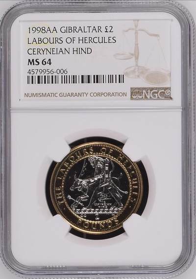 S&S Numismatic世界钱币-拍卖 第114期  - 直布罗陀1998年 大力神海格力斯十二英雄事迹-捕获阿尔忒弥斯的鹿 2英镑双色纪念币 NGC MS64