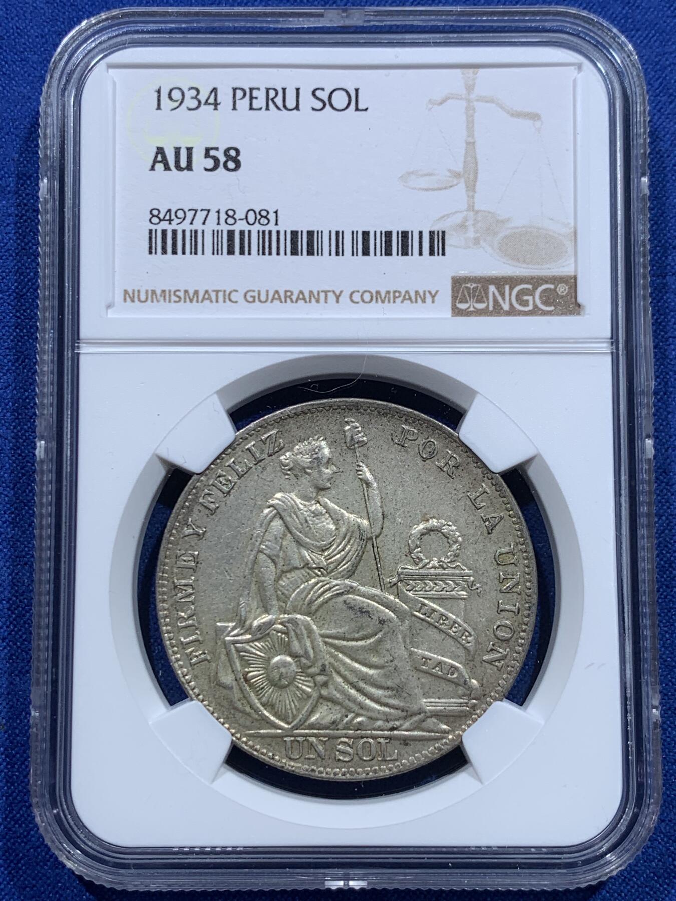 《竞宝斋》第415场 周日，周一，2场连拍 （全场包邮） NGC AU58 秘鲁1934年坐人女神1索尔大银币