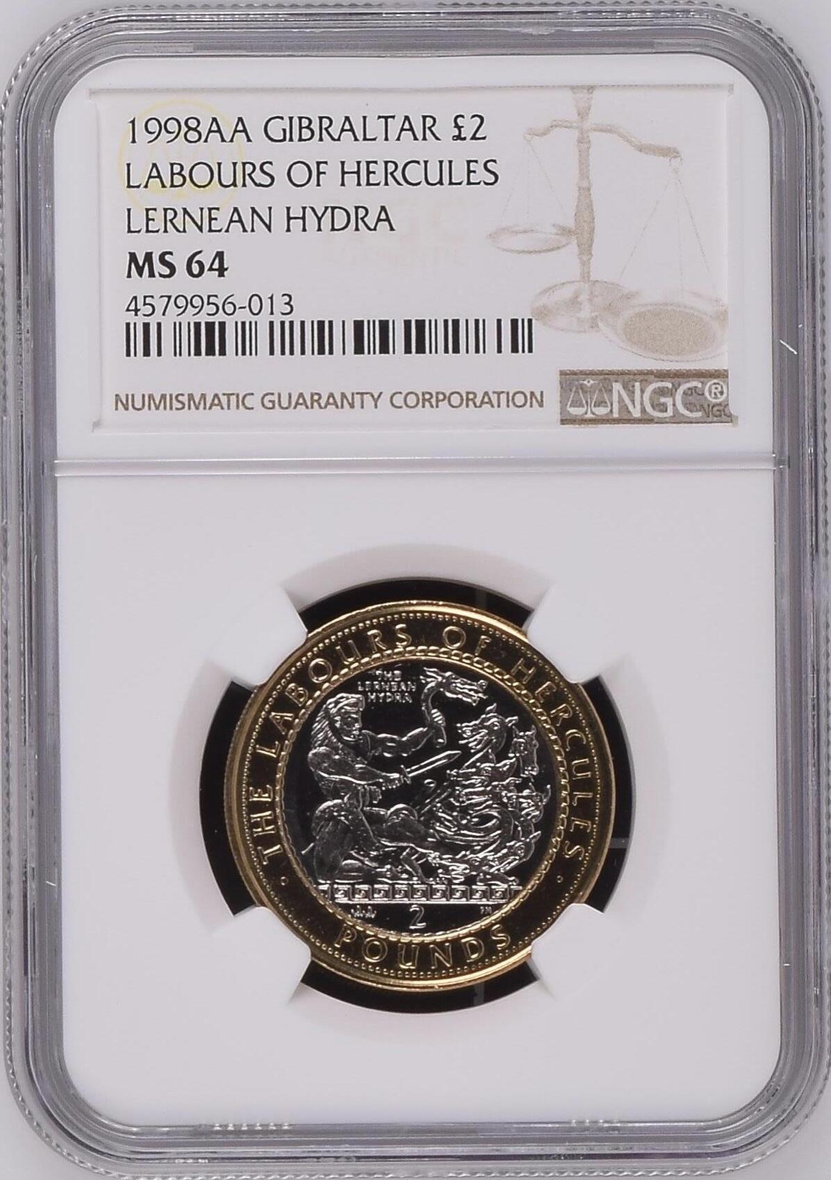 S&S Numismatic世界钱币-拍卖 第114期  直布罗陀1998年 大力神海格力斯十二英雄事迹-杀掉勒尼安的海德拉 2英镑双色纪念币 NGC MS64