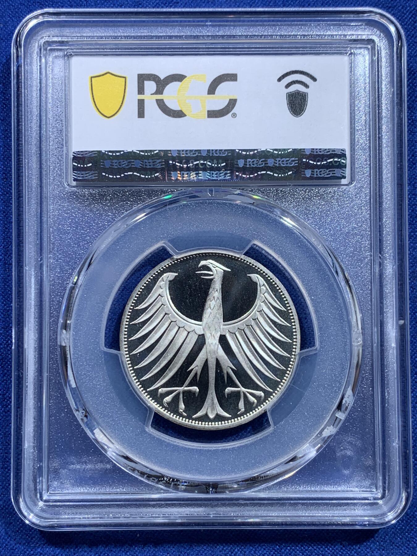 《竞宝斋》第415场 周日，周一，2场连拍 （全场包邮） 亚军分 PCGS RP68DCAM 德国 1972年F无毛鹰 流通5马克 精制银币 少见品种