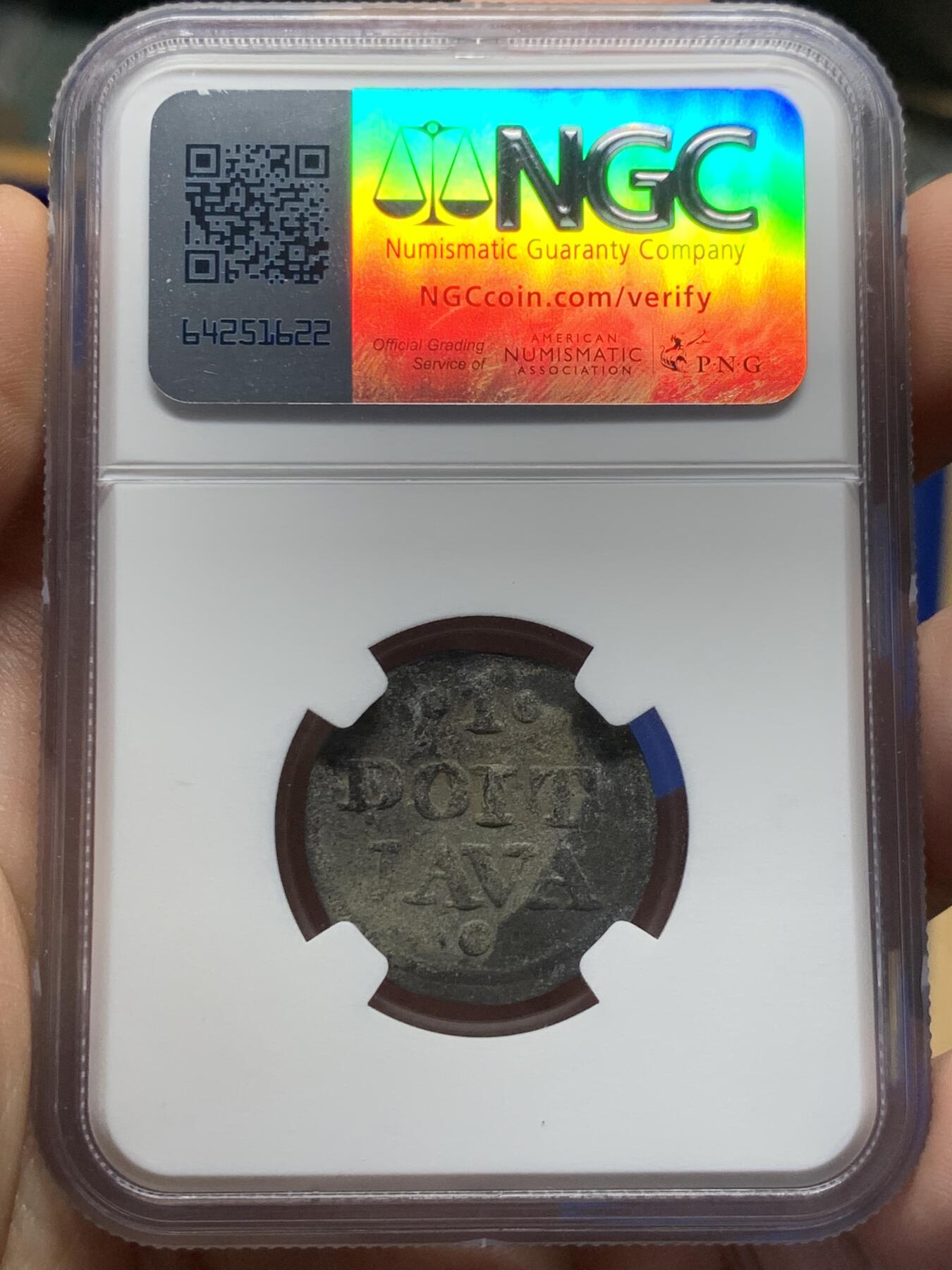 《竞宝斋》第415场 周日，周一，2场连拍 （全场包邮） NGC VFD 英属东印度公司爪哇岛1814年1杜伊特锡币，锡币保存不易。