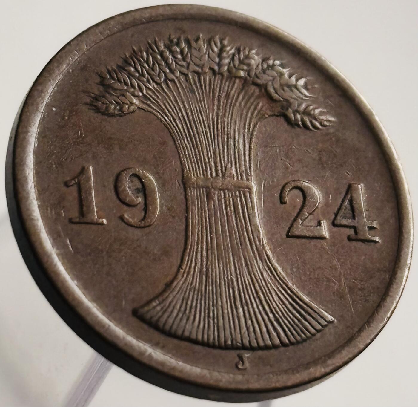 文馨钱币收藏第 269 场，长期接收代拍品 少见极美品 1924 年魏玛共和国 地产抵押马克时期 2 芬尼铜币 J 版