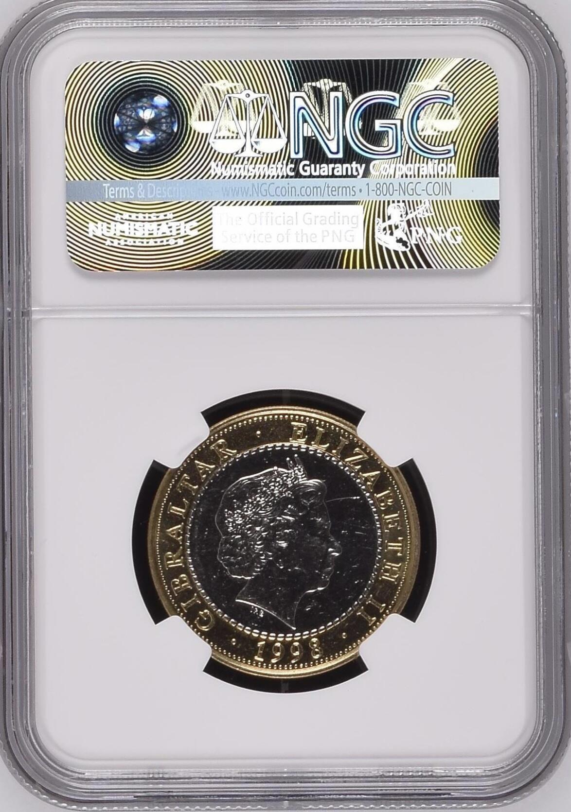 S&S Numismatic世界钱币-拍卖 第114期  直布罗陀1998年 大力神海格力斯十二英雄事迹-活捉厄律曼托斯山上的野猪 2英镑双色纪念币 NGC MS64