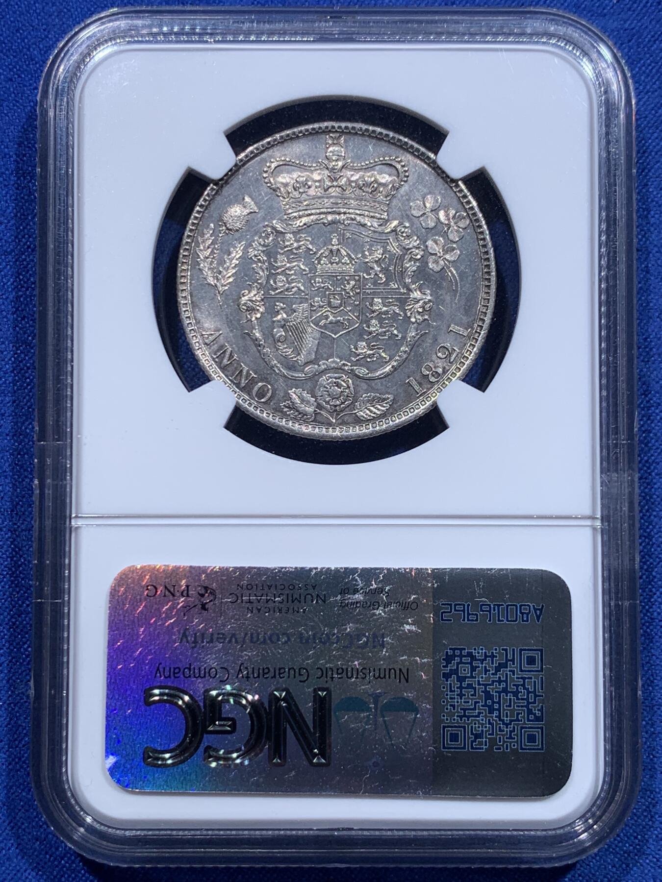 《竞宝斋》第415场 周日，周一，2场连拍 （全场包邮） NGC MS61 英国1821年乔治四世半克朗，三花半克朗