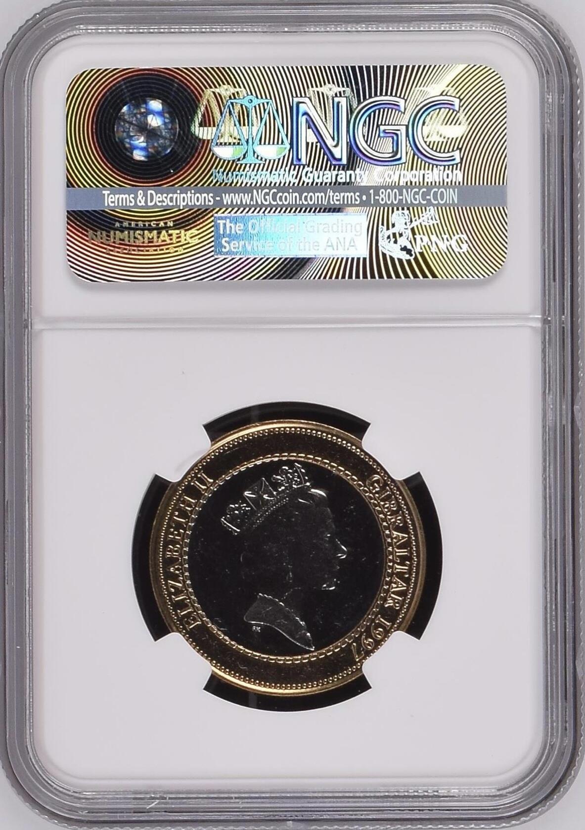 S&S Numismatic世界钱币-拍卖 第114期  直布罗陀1997年 大力神海格力斯十二英雄事迹-杀掉涅墨亚狮子 2英镑双色纪念币 NGC MS64