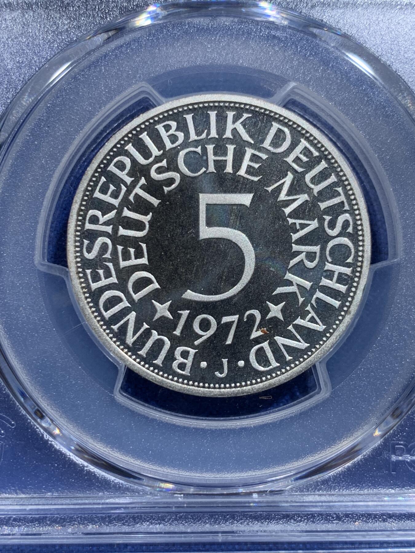 《竞宝斋》第415场 周日，周一，2场连拍 （全场包邮） 亚军分 PCGS RP68DCAM 德国 1972年F无毛鹰 流通5马克 精制银币 少见品种