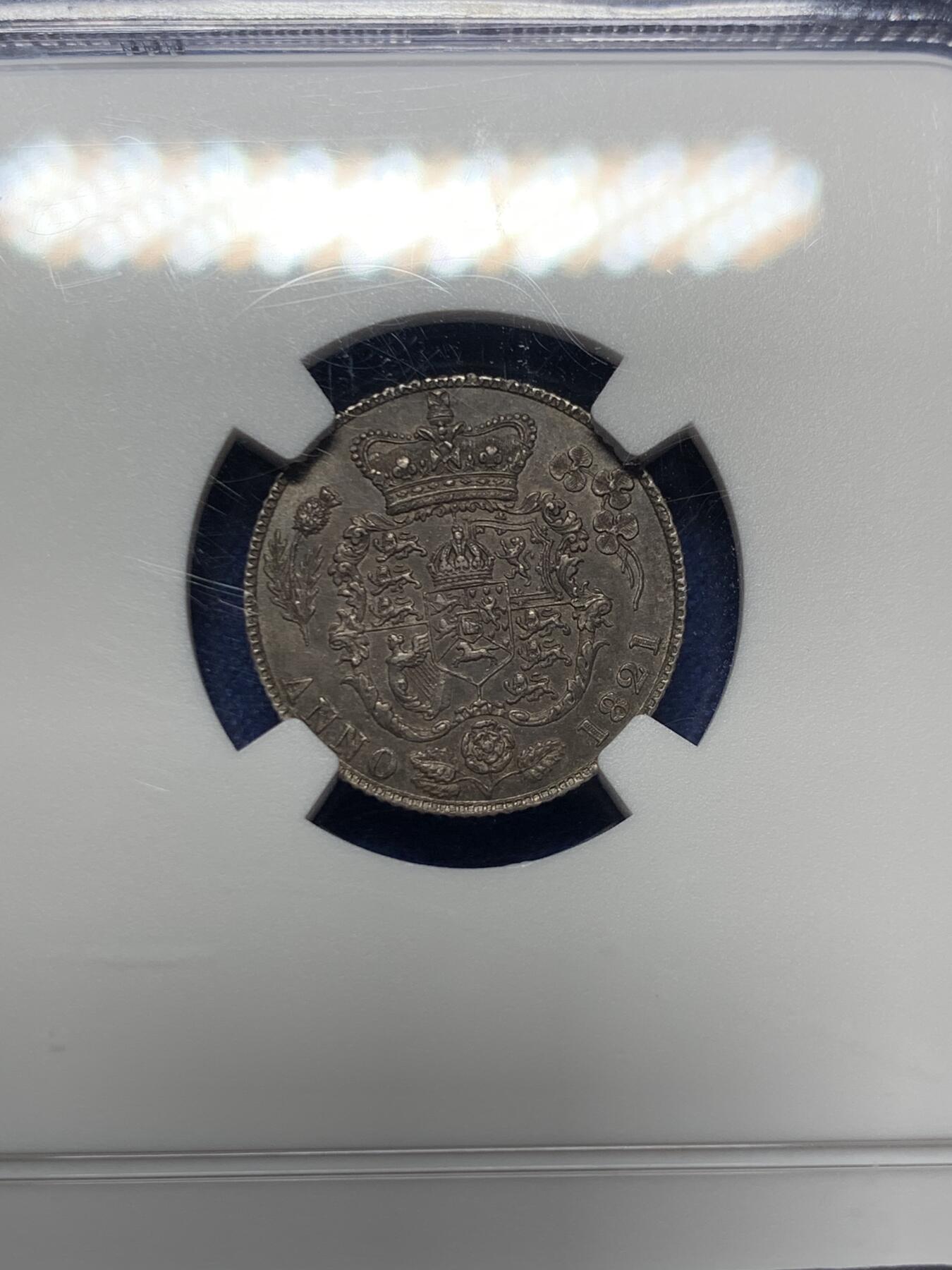 《竞宝斋》第415场 周日，周一，2场连拍 （全场包邮） NGC MS63 1821年英国乔治四世三花6便士 绝美底板 五彩老包浆