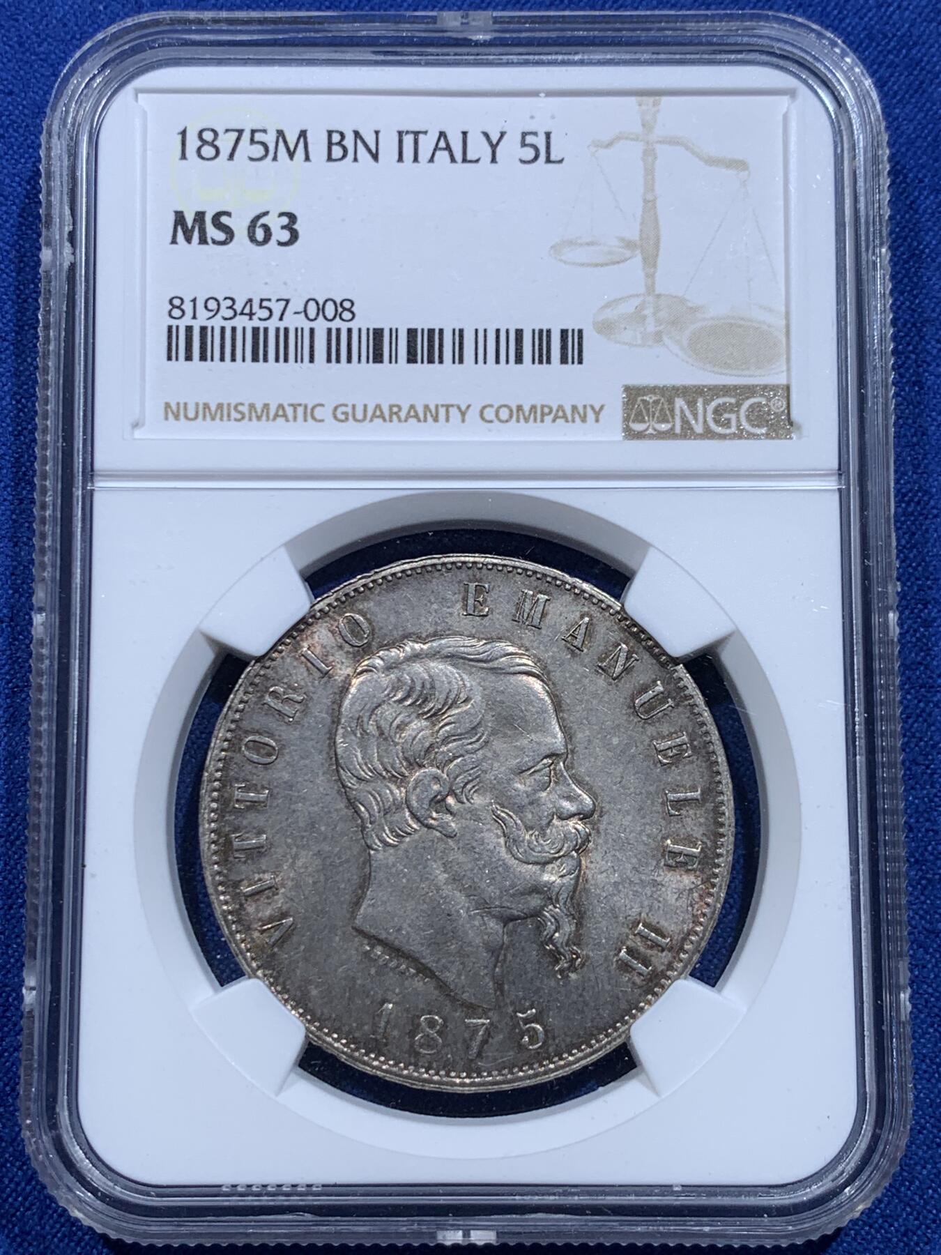 《竞宝斋》第415场 周日，周一，2场连拍 （全场包邮） NGC MS63 意大利1875M埃曼努尔二世流通5里拉大银币，淡金彩，米兰厂出品。意系流通主币大银，高分难遇，更高分仅有4枚。同年一枚64+稀奇5201元不含佣金成交。