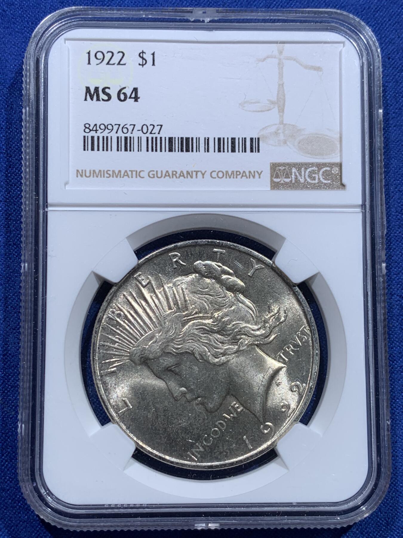 《竞宝斋》第415场 周日，周一，2场连拍 （全场包邮） NGC MS64 美国 1922 和平 一美元 银币 卷拆品 上n日常低评美国币