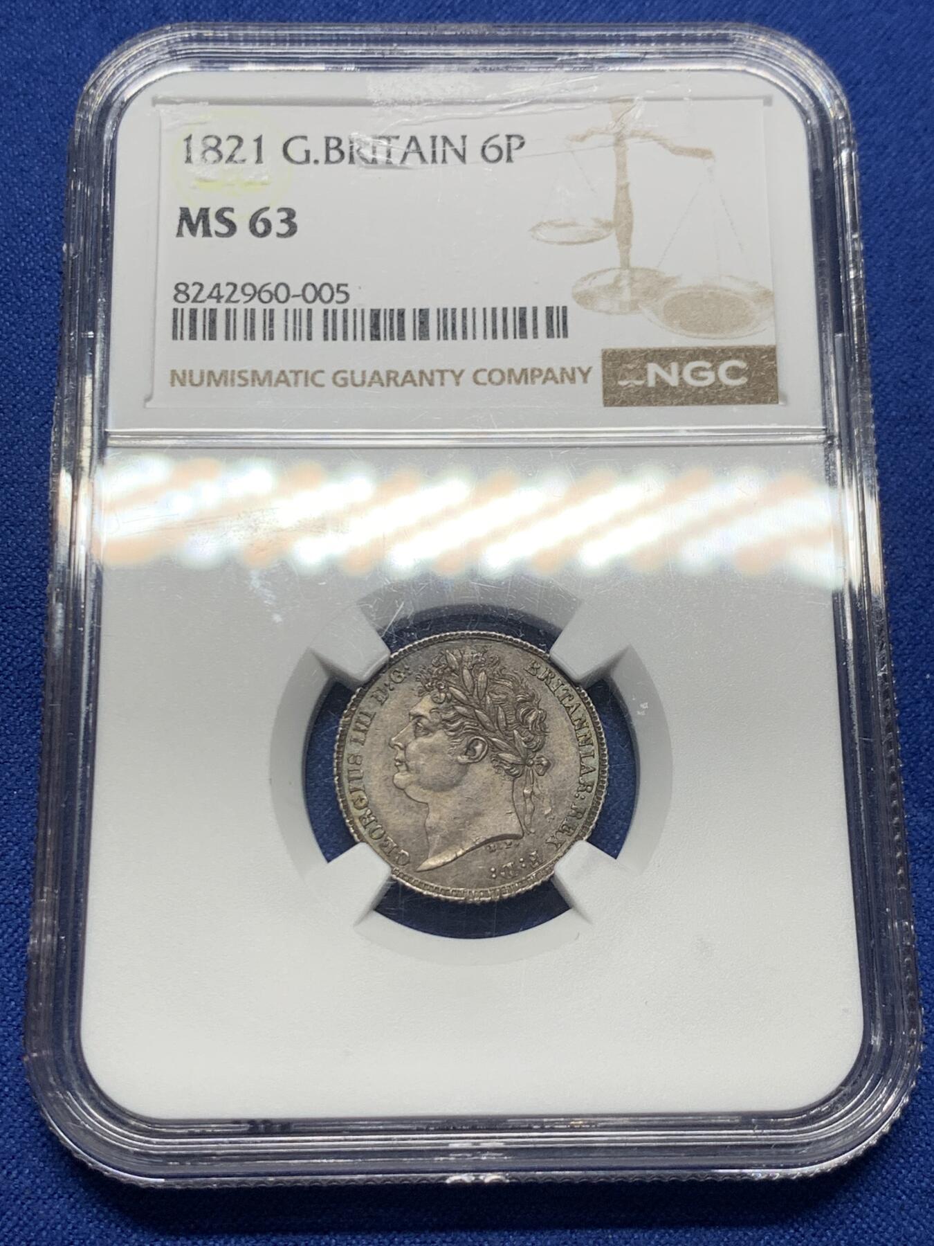 《竞宝斋》第415场 周日，周一，2场连拍 （全场包邮） NGC MS63 1821年英国乔治四世三花6便士 绝美底板 五彩老包浆