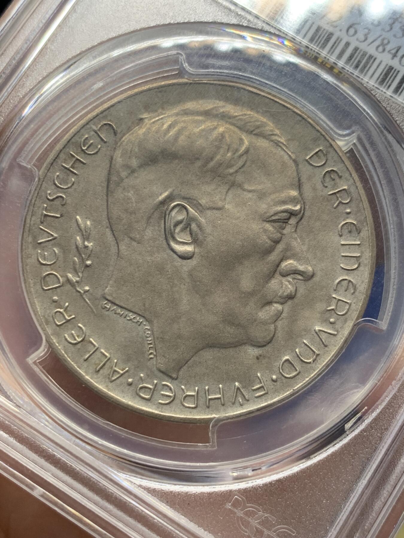 《竞宝斋》第415场 周日，周一，2场连拍 （全场包邮） PCGS SP63 德国 1938 跨过因斯布鲁克大桥吞并奥地利纪念银章 MATTE版本 热门品种