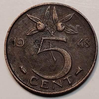布加迪🐬～世界钱币(上海)🌾第 239 期 /  各国套币和散币 - 荷兰🇳🇱 1948年 5分
