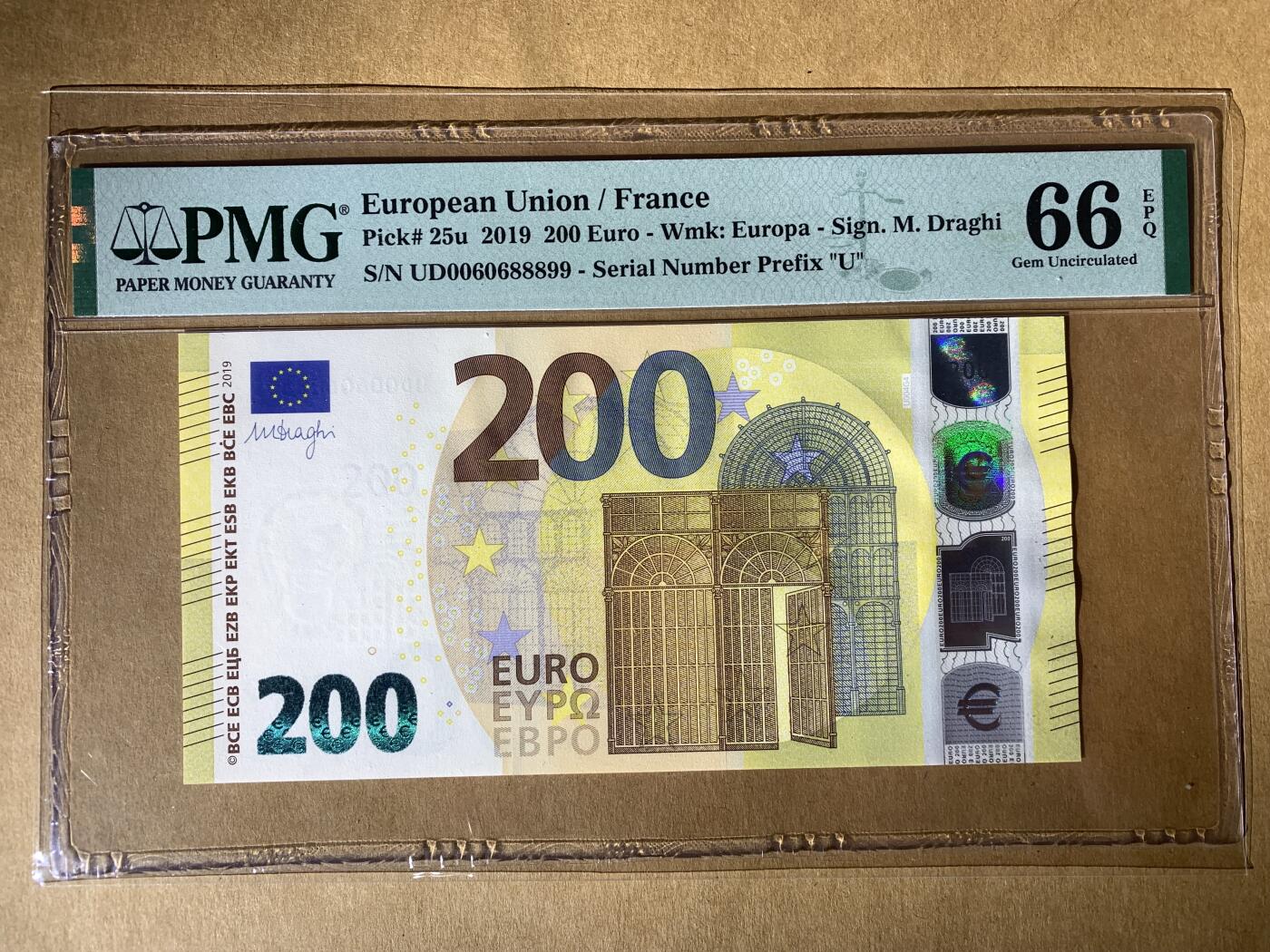 【礼羽收藏】🌏世界钱币拍卖第102期 【UD0060688899】全新UNC 2019年法国200欧元 纸币 无3457尾88899 圆圆倒置号 少见难得
