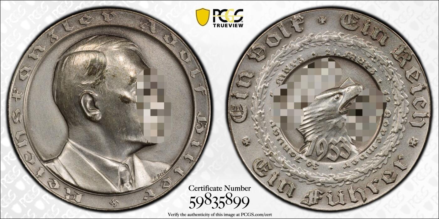 万国钱币拍卖第052期 PCGS SP62 1933年德国民族社会主义工人党党魁大事记纪念银章 德三名品C-47 原味磨砂MATTE质感银光闪闪 顶级收藏品质（原图请私信后台或自行查询官网）