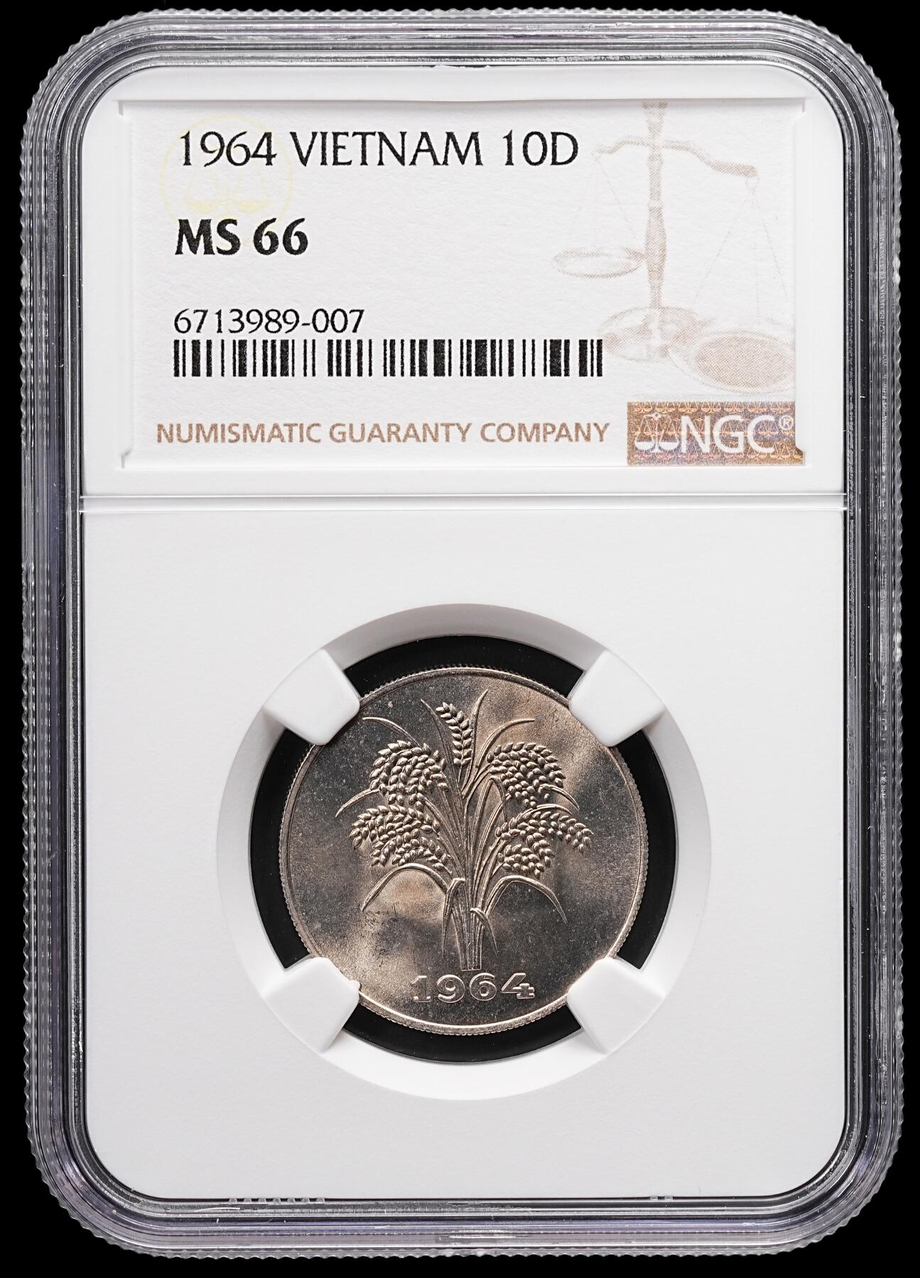 修遠堂世界钱币第八十三期 NGC MS66 1964年越南-南越政权10盾镍币 稻穗