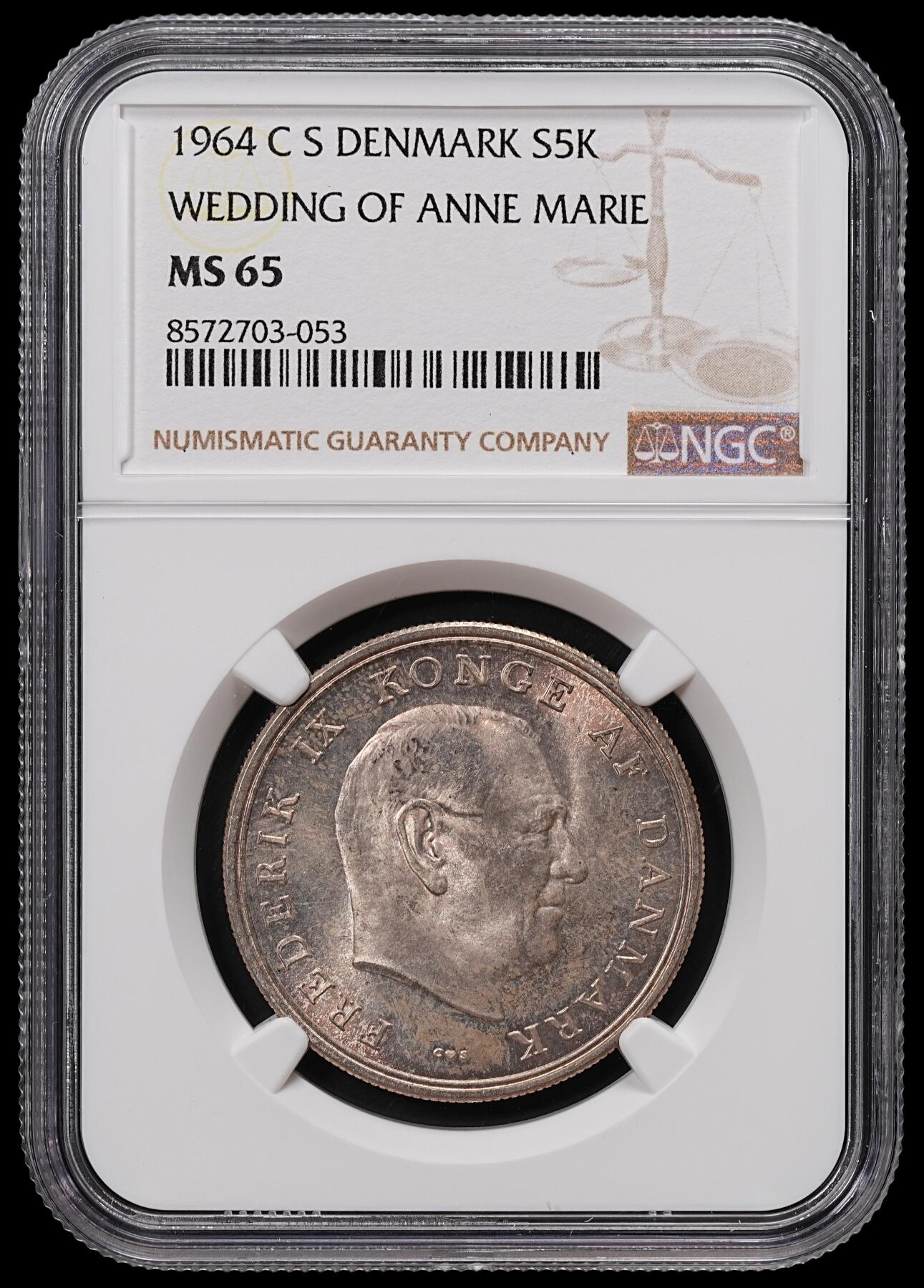 修遠堂世界钱币第八十三期 NGC MS65 1964年丹麦安妮公主结婚纪念5克朗银币