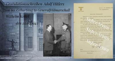 「Adolf Hitler签名系列」罕见凯特尔元帅60岁生日元首口述亲签私人贺信原件 - 「Adolf Hitler签名系列」罕见凯特尔元帅60岁生日元首口述亲签私人贺信原件