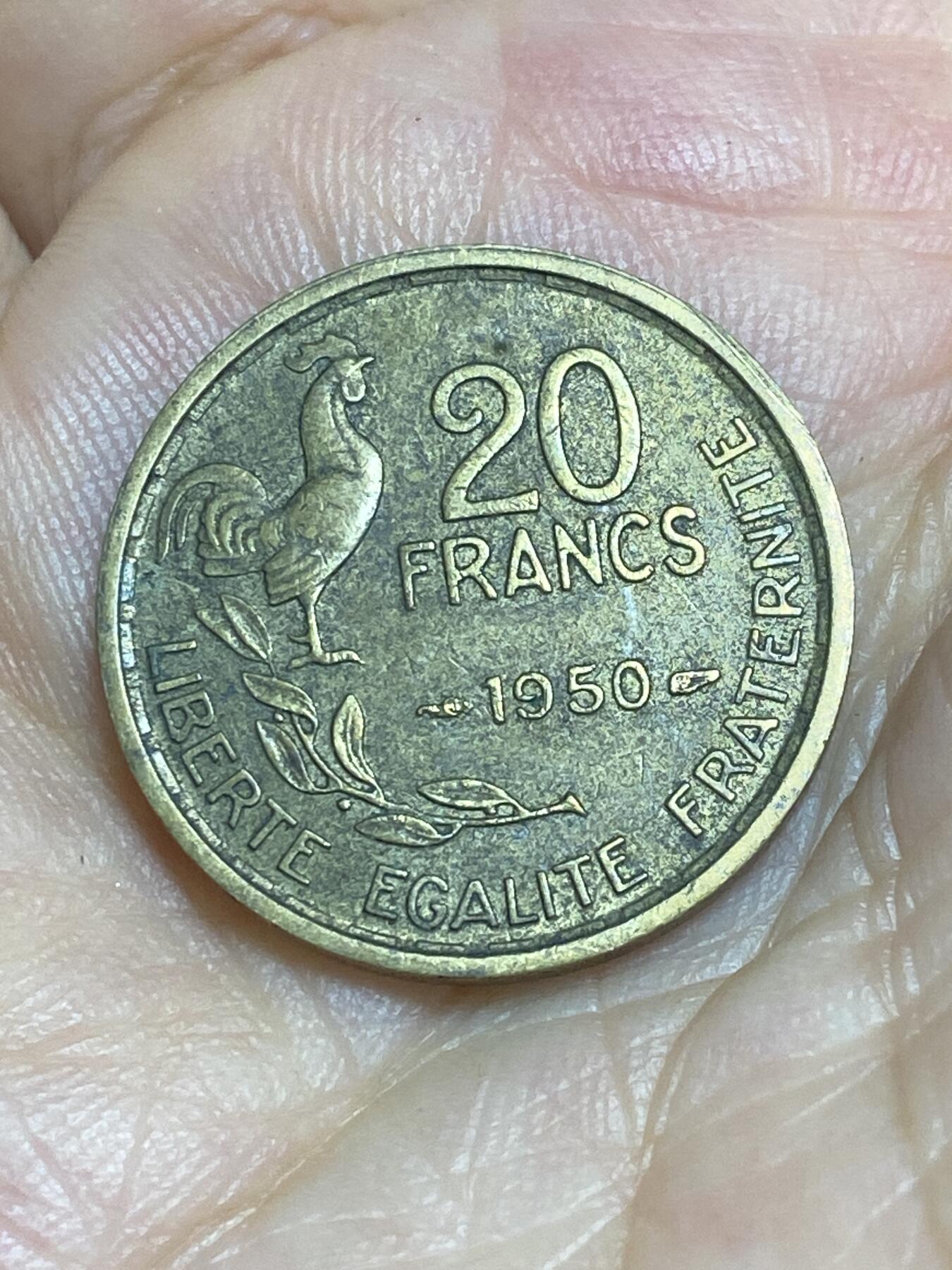 2025年第八十六场(总第一百一十二场）外国好品散币(免佣金) 法国🇫🇷1950年20法郎(人像后单排字，4 plumes–4羽版)