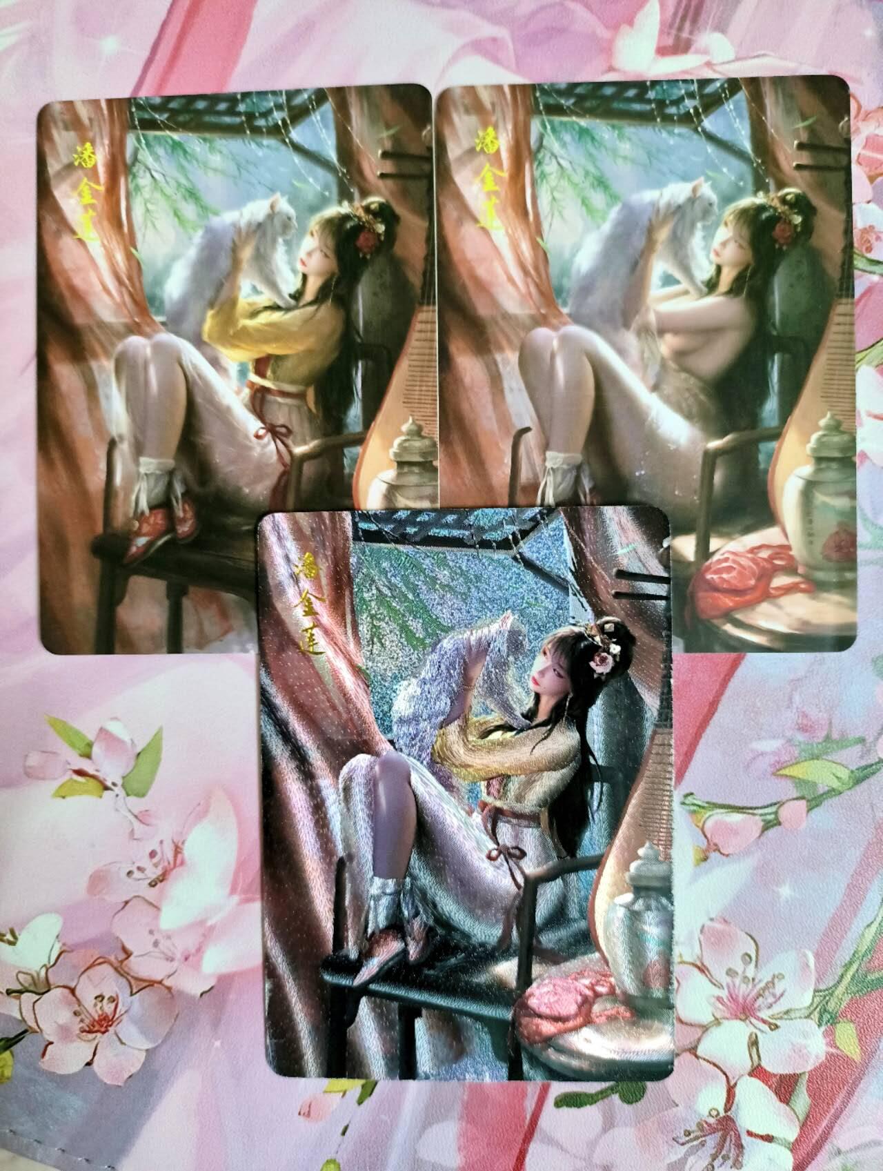 龙虎卡牌第五十三场 （无佣金，满120包邮，欢迎送拍） 卡片3张 鞠佳宁 潘金莲 普卡两渐变（特藏版）+粗闪（有瑕疵介意勿拍）