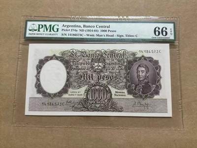 【礼羽收藏】🌏世界钱币拍卖第102期 - 阿根廷 1954年1000比索 大票幅 PMG66EPQ 老壳 A版冠军分