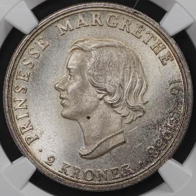 修遠堂世界钱币第八十三期 - NGC MS65 1958年丹麦玛格丽特公主18周岁纪念2克朗银币