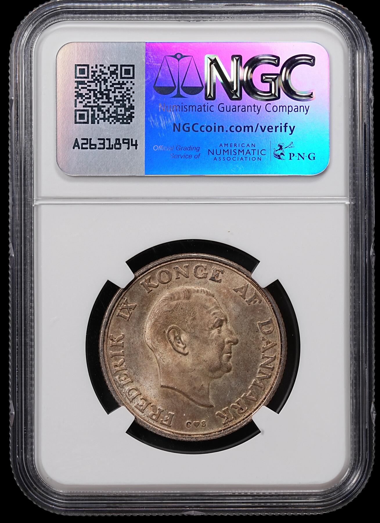 修遠堂世界钱币第八十三期 NGC MS65 1958年丹麦玛格丽特公主18周岁纪念2克朗银币